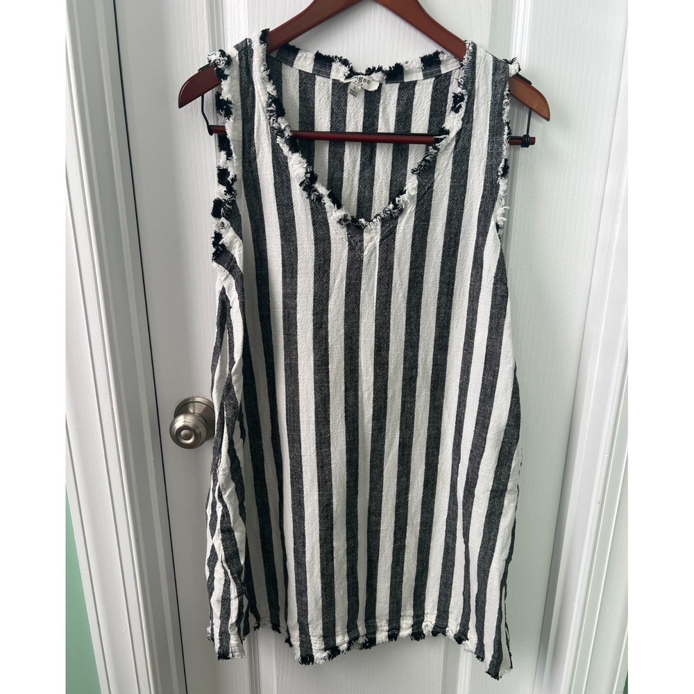 Umgee Linen Cotton Blend Dress Black & White Striped Fringe Hem Pockets Size L